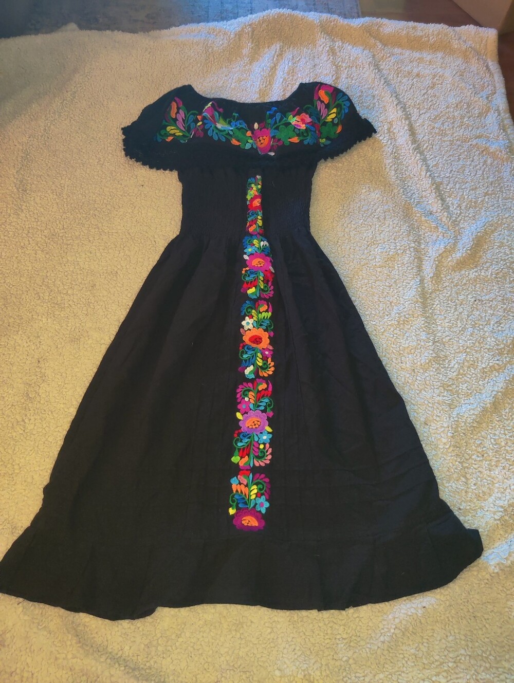 Handmade Embroidery Shoulder Ruffle Black Dress Flowers Multi-Color Design